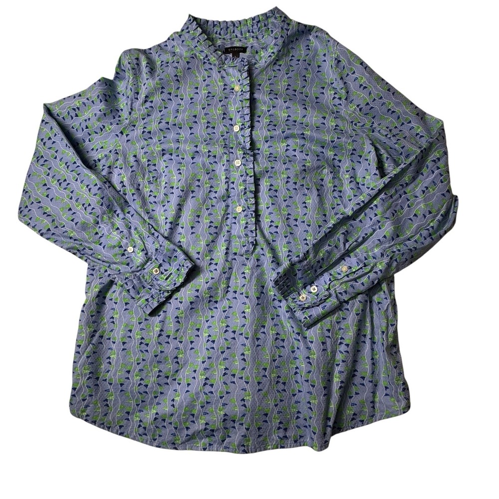 TALBOTS Womens Size Large Button‎ TOP Long Sleeve BLUE Green GEOMETRIC Ruffle